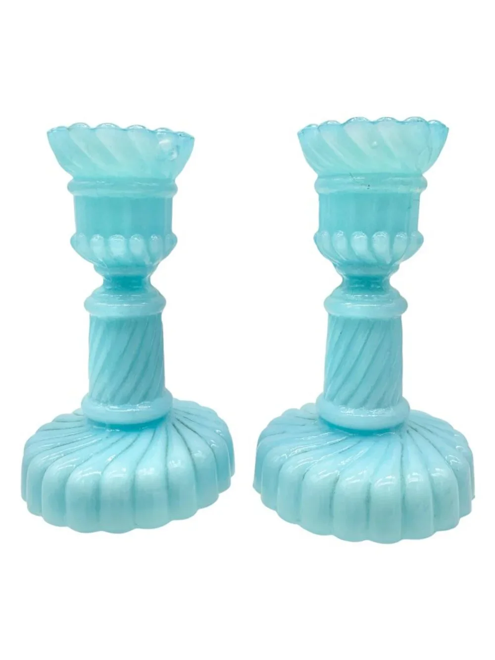 Westmoreland Blue Milk Glass Candlesticks Pair Vintage Childrens Tableware 3.5